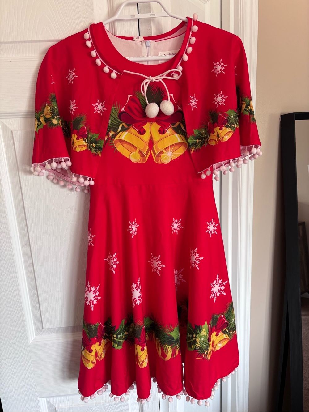 Retro Christmas Dress with Bells and Pom Poms and Shawl